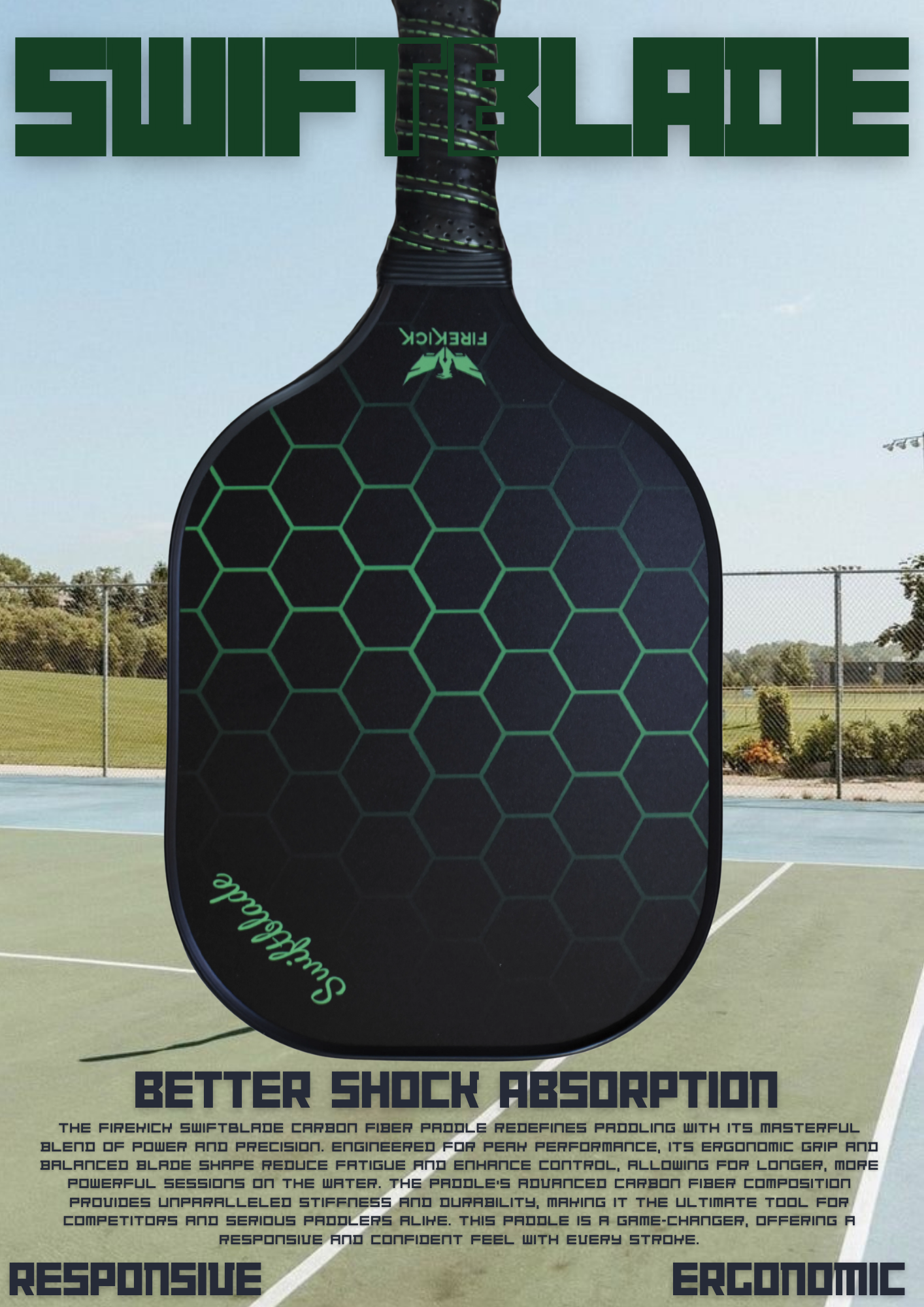 Firekick SwiftBlade Green Carbon-Fiber Pickleball Paddle ( Cover included)
