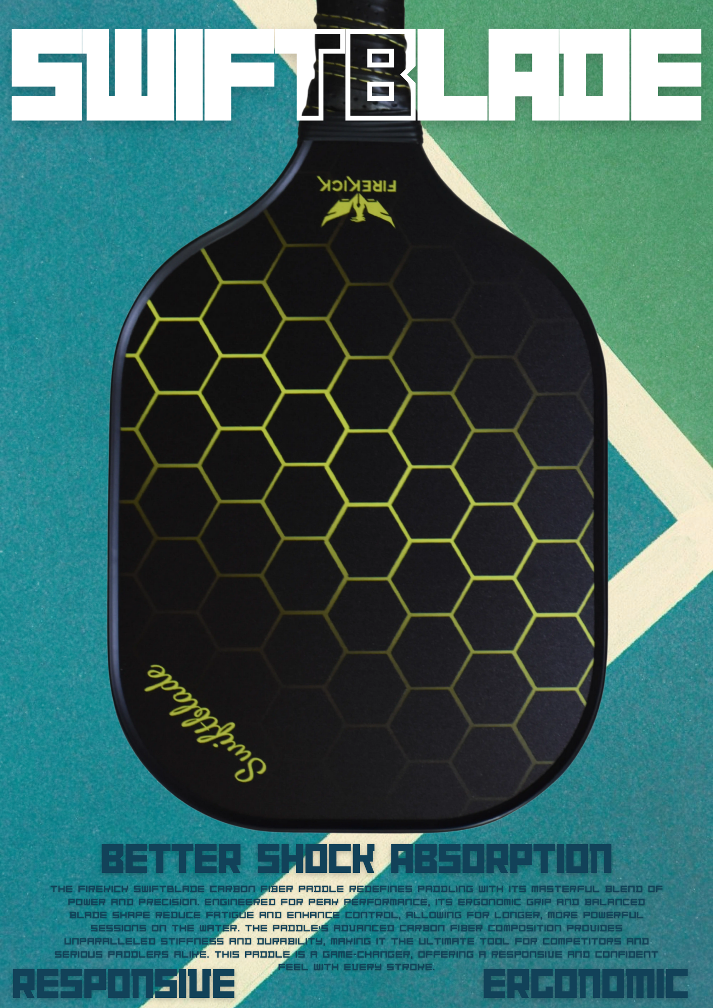 Firekick SwiftBlade Yellow Carbon-Fiber Pickleball Paddle ( Cover included)