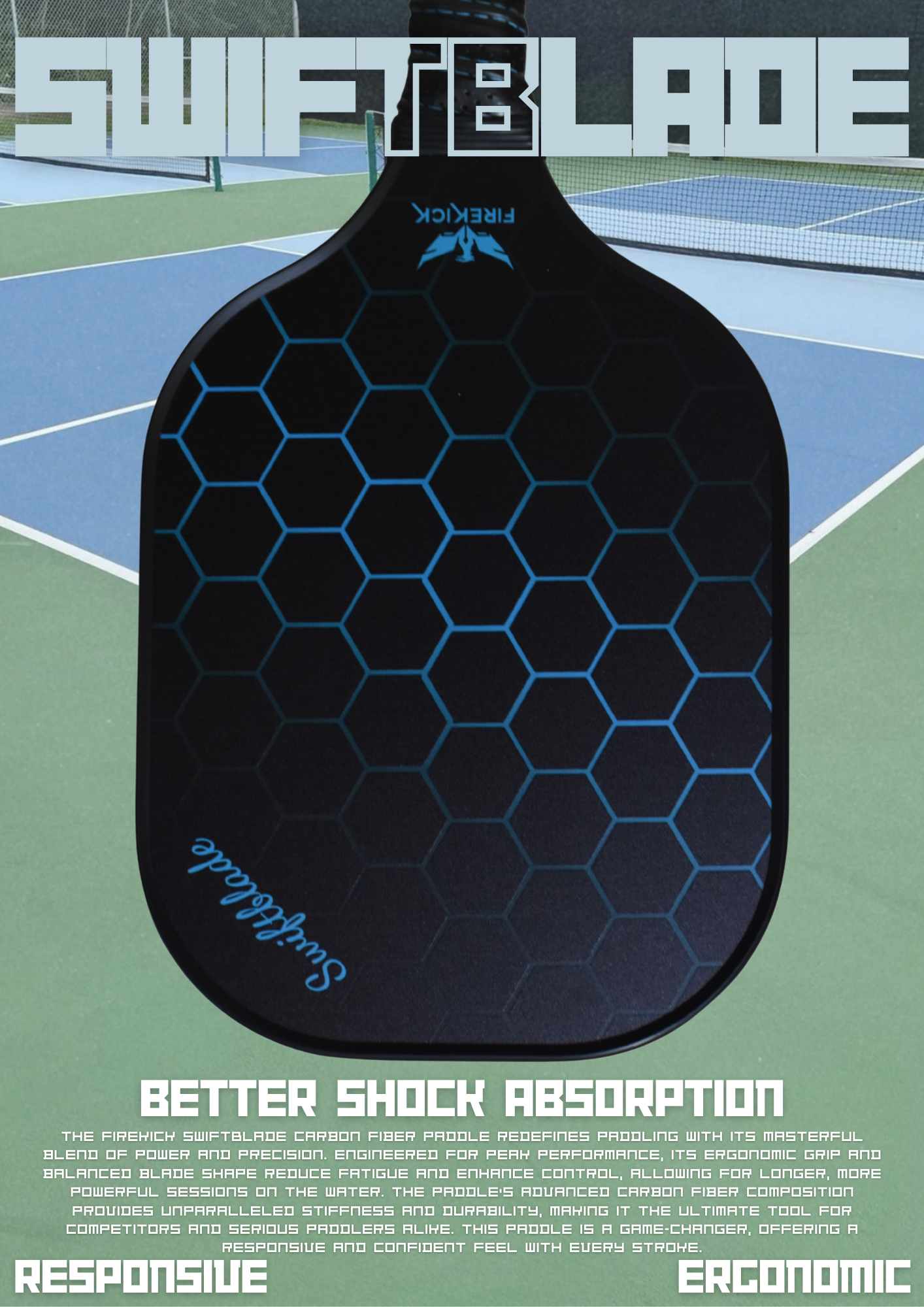 Firekick SwiftBlade Blue Carbon-Fiber Pickleball Paddle ( Cover included)