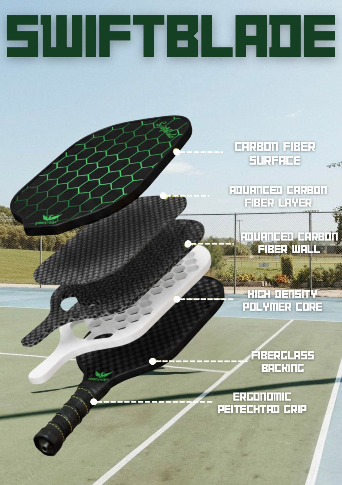 Firekick SwiftBlade Green Carbon-Fiber Pickleball Paddle Set